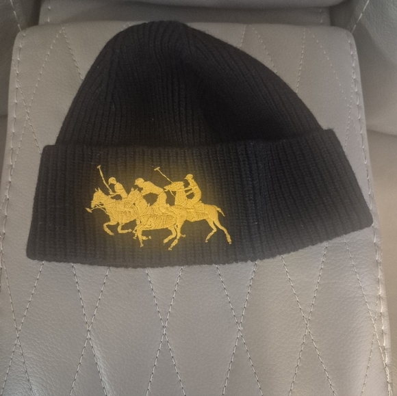 Polo Ralph Lauren Triple Pony Beanie Wool Blend Hat Black Gold - Picture 2 of 3
